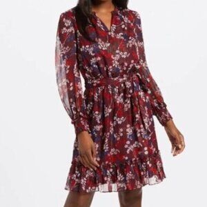 Draper James Dress Womens XS Red Blue Smocked Metallic Sheer Sleeves Cottagecore